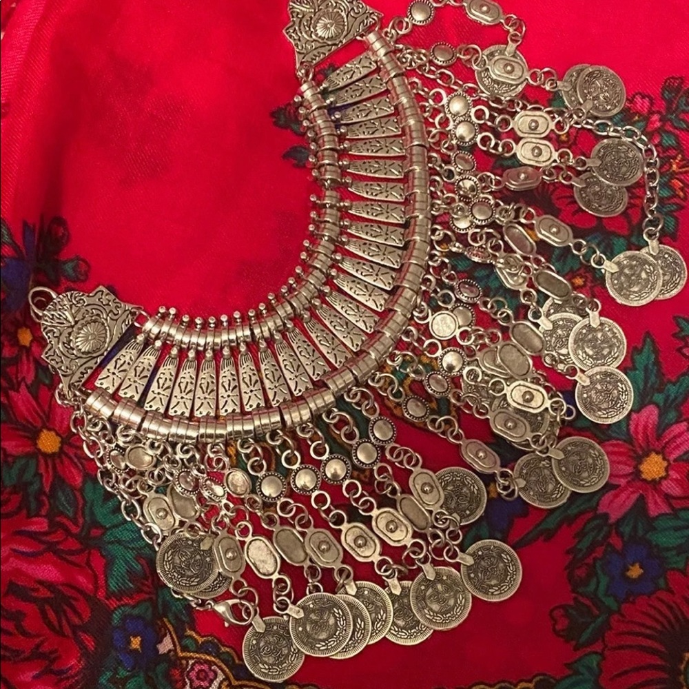 Boho faux silver coin necklace